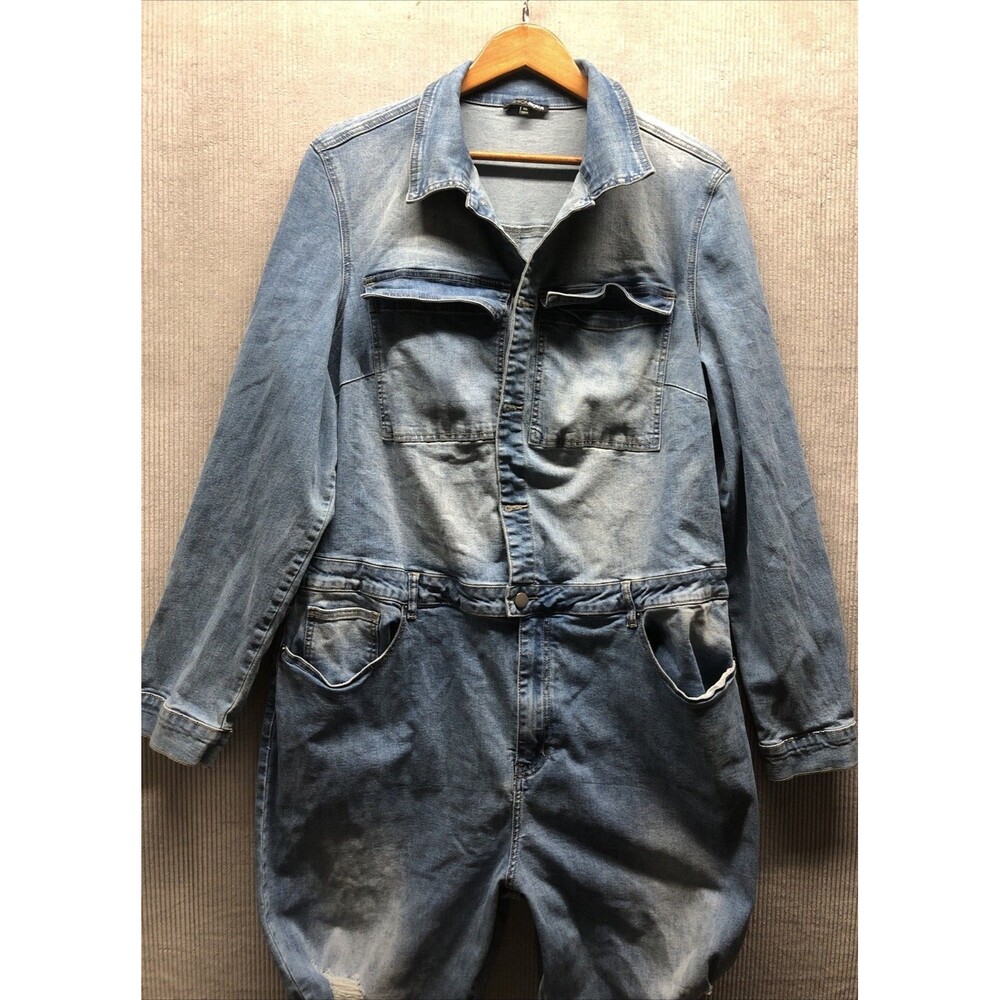 Fashion Nova Women’s Denim Coverall 3XL Distressed Skinny Flare Ruched Back Y2K